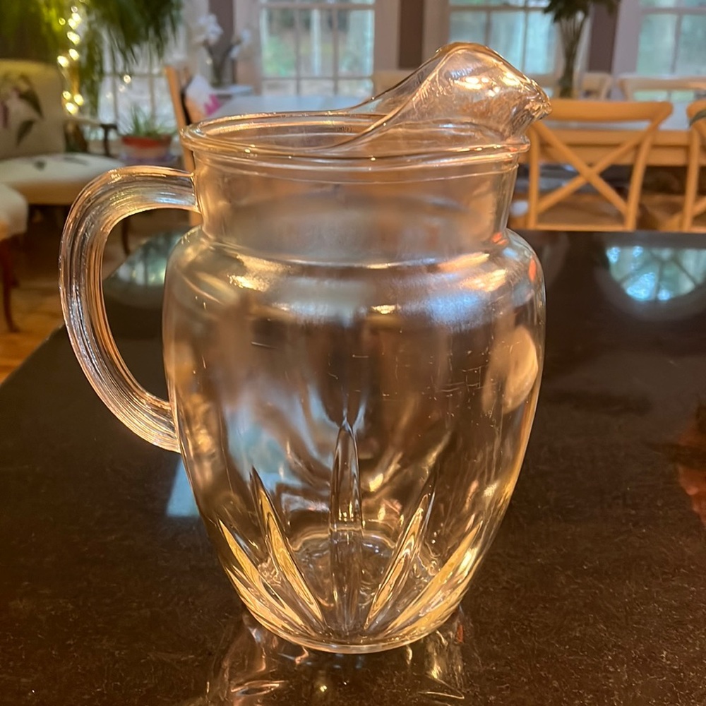 Federal Glass Star Pitcher, Ice Lip, Clear Ribbed Handle, Cottage Farmhouse